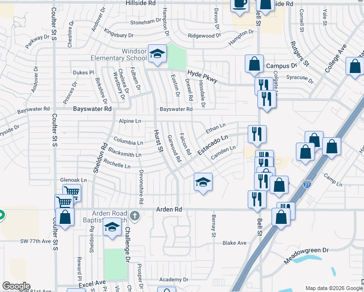 map of restaurants, bars, coffee shops, grocery stores, and more near 6610 Falcon Road in Amarillo