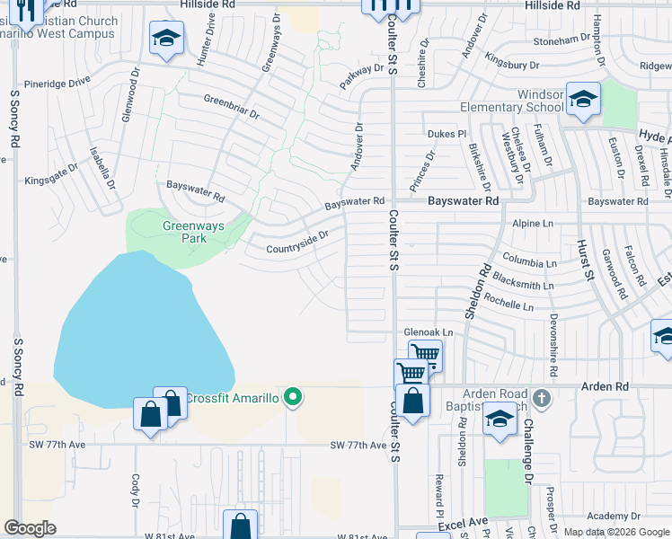 map of restaurants, bars, coffee shops, grocery stores, and more near 7414 Ledgestone Drive in Amarillo