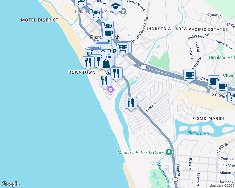map of restaurants, bars, coffee shops, grocery stores, and more near 1 Pismo Creek Lane in Pismo Beach