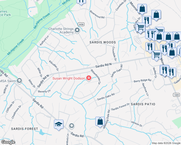map of restaurants, bars, coffee shops, grocery stores, and more near 8927 Rittenhouse Circle in Charlotte