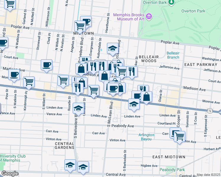 map of restaurants, bars, coffee shops, grocery stores, and more near 42 South McLean Boulevard in Memphis