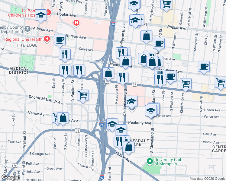 map of restaurants, bars, coffee shops, grocery stores, and more near 1181 Eastmoreland Avenue in Memphis