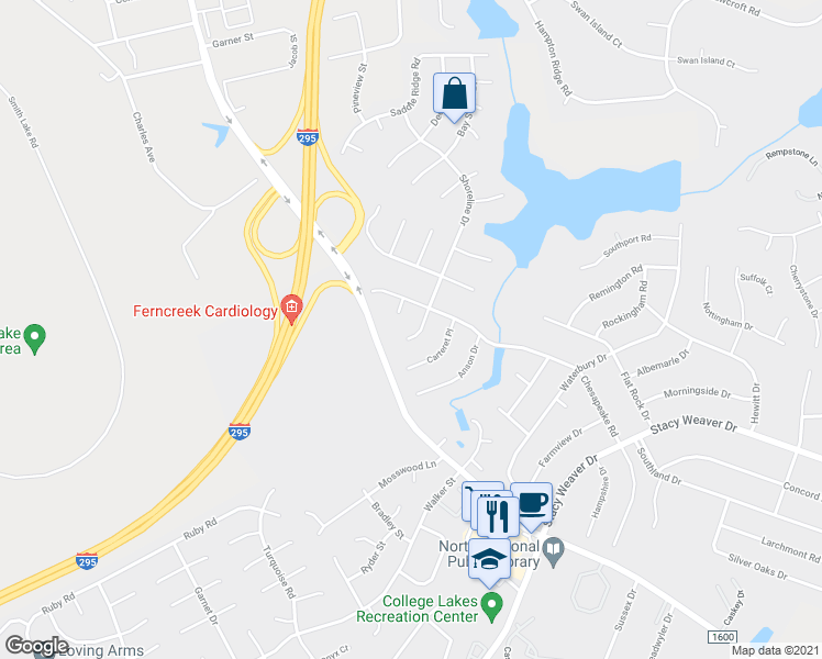 map of restaurants, bars, coffee shops, grocery stores, and more near 506 Shoreline Drive in Fayetteville