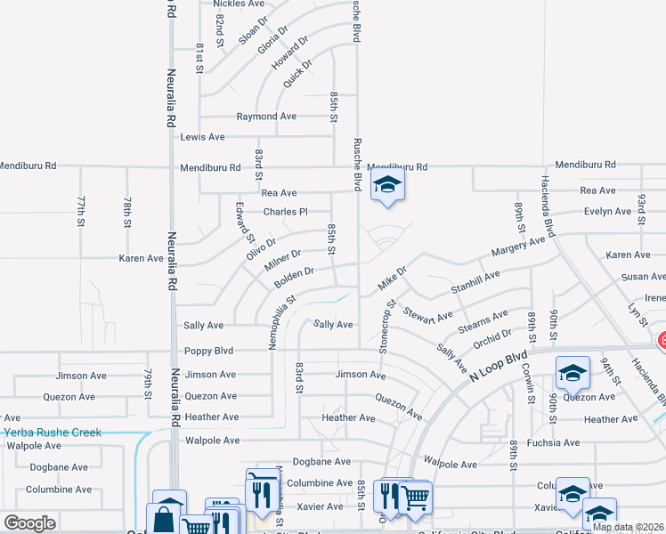 map of restaurants, bars, coffee shops, grocery stores, and more near Bolden Drive in California City
