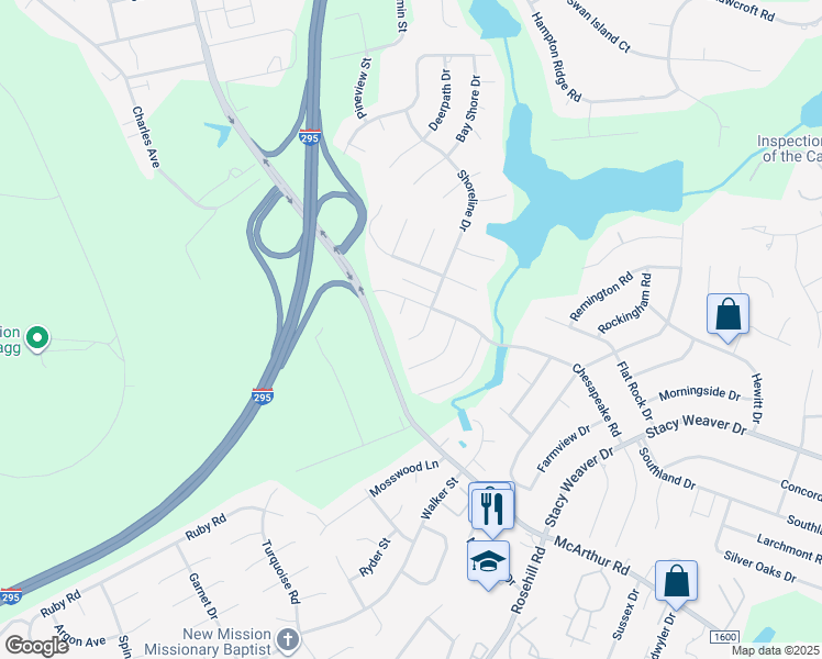 map of restaurants, bars, coffee shops, grocery stores, and more near 506 Shoreline Drive in Fayetteville