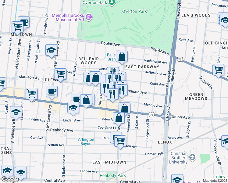 map of restaurants, bars, coffee shops, grocery stores, and more near 2113 Trimble Place in Memphis