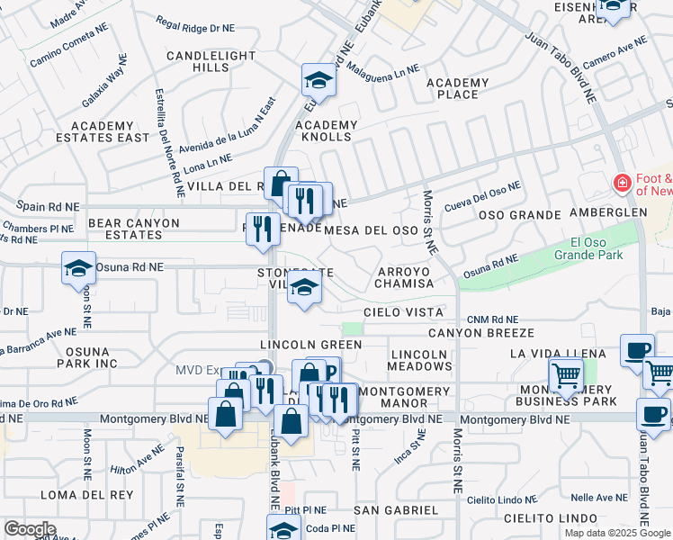 map of restaurants, bars, coffee shops, grocery stores, and more near 9900 Spain Road Northeast in Albuquerque