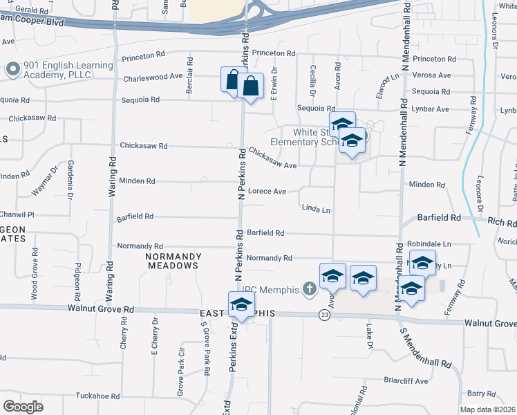 map of restaurants, bars, coffee shops, grocery stores, and more near 178 North Perkins Road in Memphis