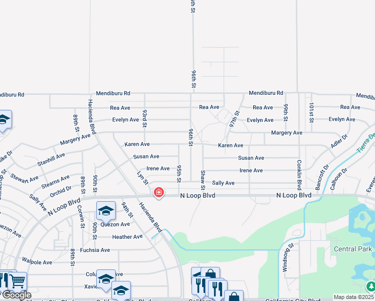 map of restaurants, bars, coffee shops, grocery stores, and more near 21717 96th Street in California City