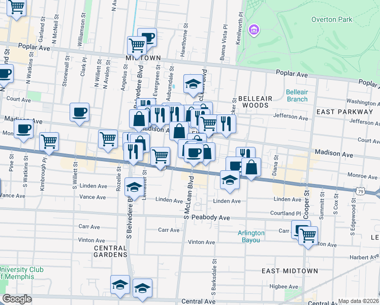 map of restaurants, bars, coffee shops, grocery stores, and more near 42 South McLean Boulevard in Memphis