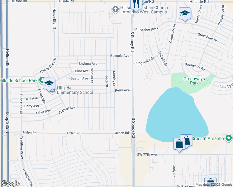 map of restaurants, bars, coffee shops, grocery stores, and more near 7010 Mosley Street in Amarillo