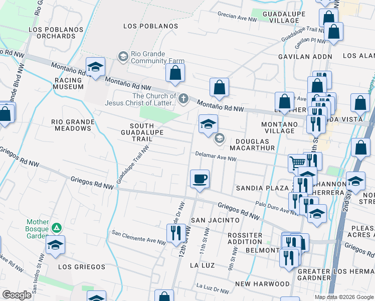 map of restaurants, bars, coffee shops, grocery stores, and more near 1313 Griegos Road Northwest in Albuquerque