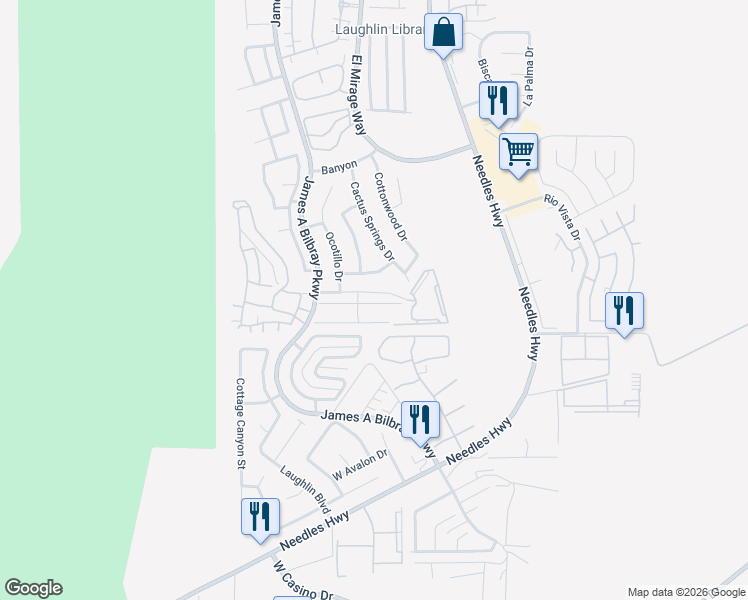 map of restaurants, bars, coffee shops, grocery stores, and more near 2136 Pebble Creek Lane in Laughlin