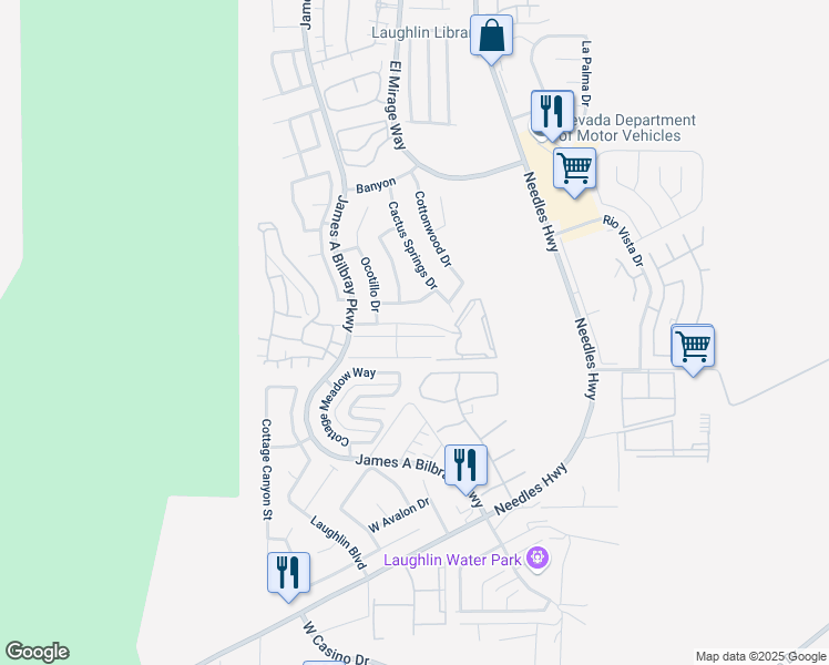 map of restaurants, bars, coffee shops, grocery stores, and more near 2136 Pebble Creek Lane in Laughlin