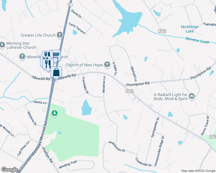 map of restaurants, bars, coffee shops, grocery stores, and more near 3334 Windrow Lane in Matthews