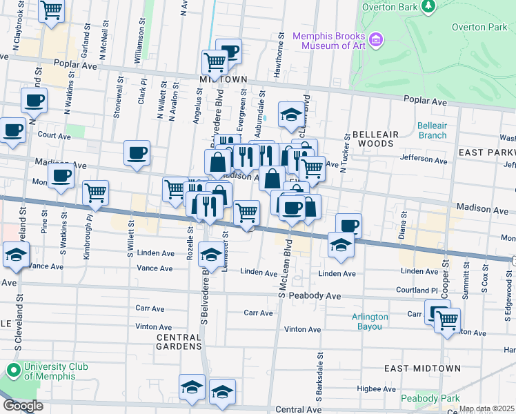 map of restaurants, bars, coffee shops, grocery stores, and more near 45 South Idlewild Street in Memphis
