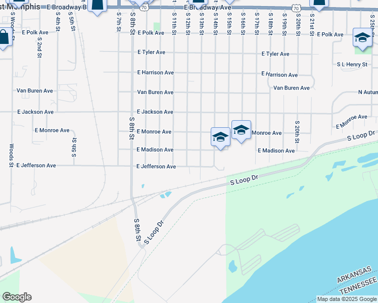 map of restaurants, bars, coffee shops, grocery stores, and more near 816 South 12th Street in West Memphis
