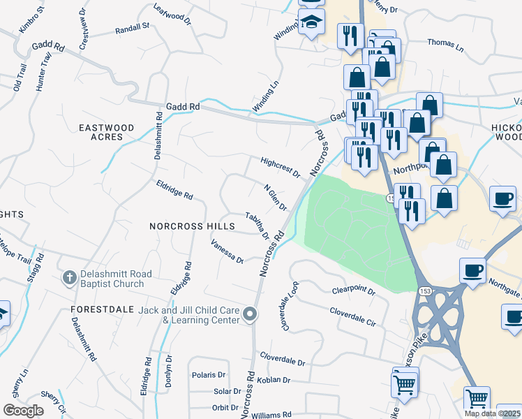 map of restaurants, bars, coffee shops, grocery stores, and more near 4619 Forest Lane in Chattanooga