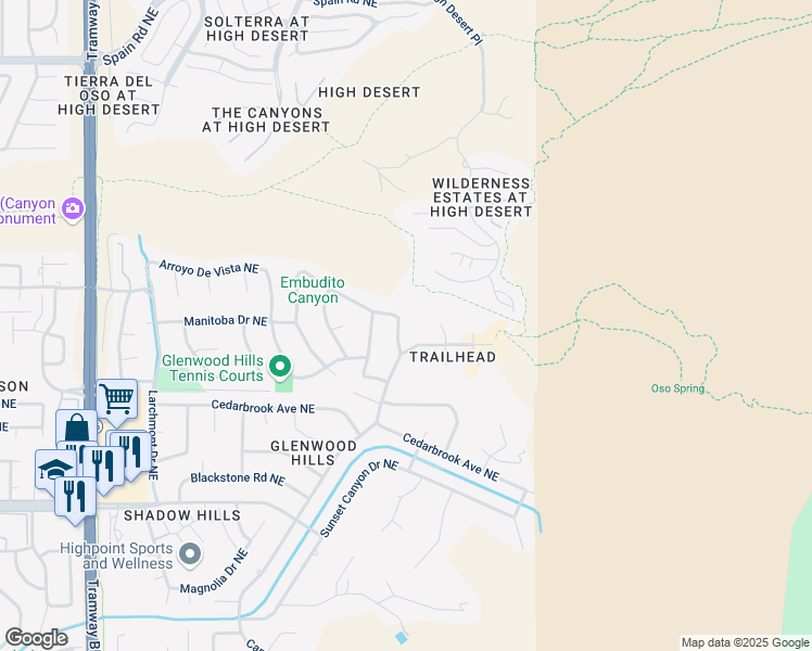 map of restaurants, bars, coffee shops, grocery stores, and more near 5000 Glenwood Hills Drive Northeast in Albuquerque