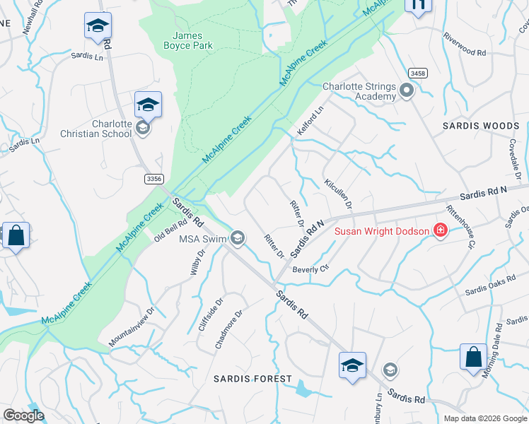map of restaurants, bars, coffee shops, grocery stores, and more near 7902 Ritter Drive in Charlotte