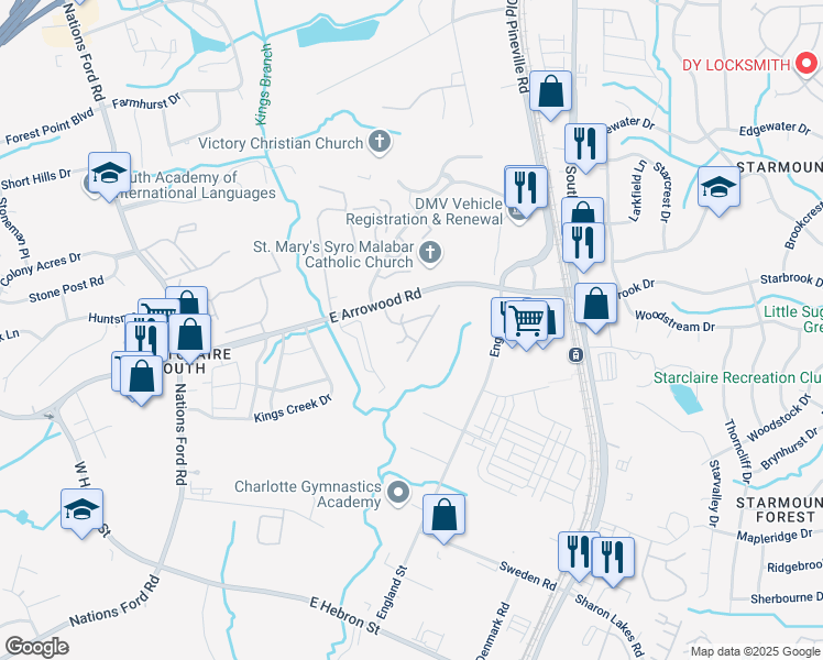 map of restaurants, bars, coffee shops, grocery stores, and more near 9056 Arborgate Drive in Charlotte
