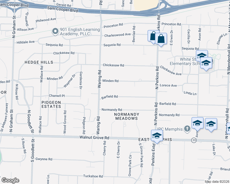 map of restaurants, bars, coffee shops, grocery stores, and more near 4425 Barfield Road in Memphis