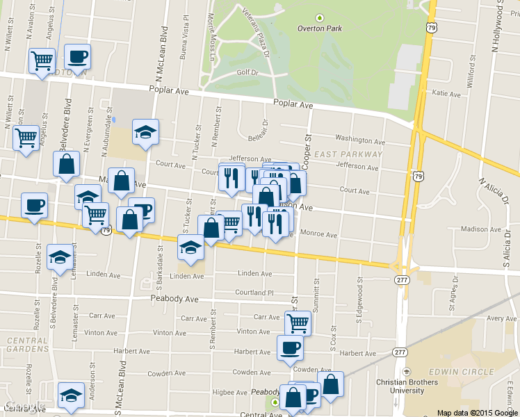 map of restaurants, bars, coffee shops, grocery stores, and more near 21 Florence Street in Memphis