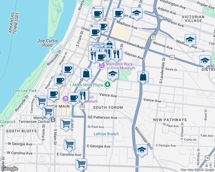 map of restaurants, bars, coffee shops, grocery stores, and more near 310 Hernando Street in Memphis