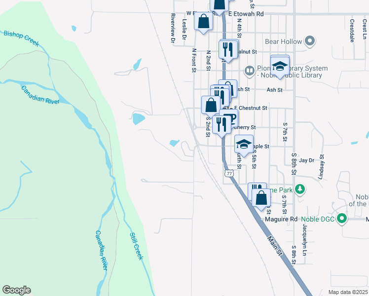 map of restaurants, bars, coffee shops, grocery stores, and more near 208-212 South Front Street in Noble