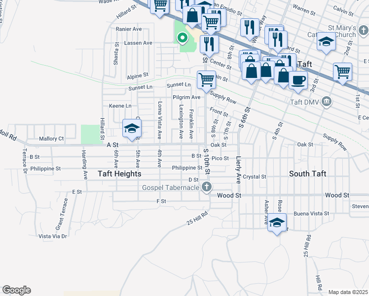 map of restaurants, bars, coffee shops, grocery stores, and more near 219 A Street in Taft