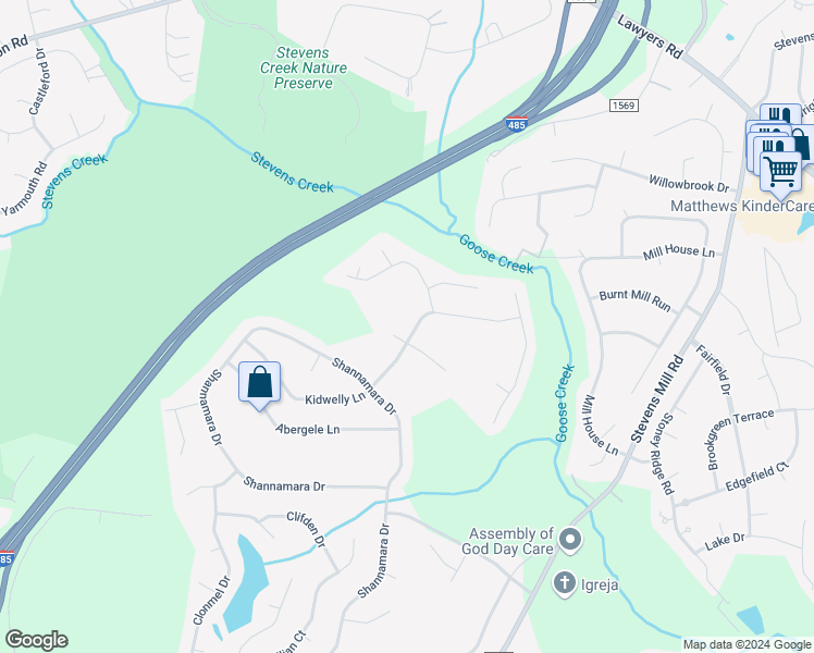 map of restaurants, bars, coffee shops, grocery stores, and more near 7207 Kidwelly Lane in Matthews