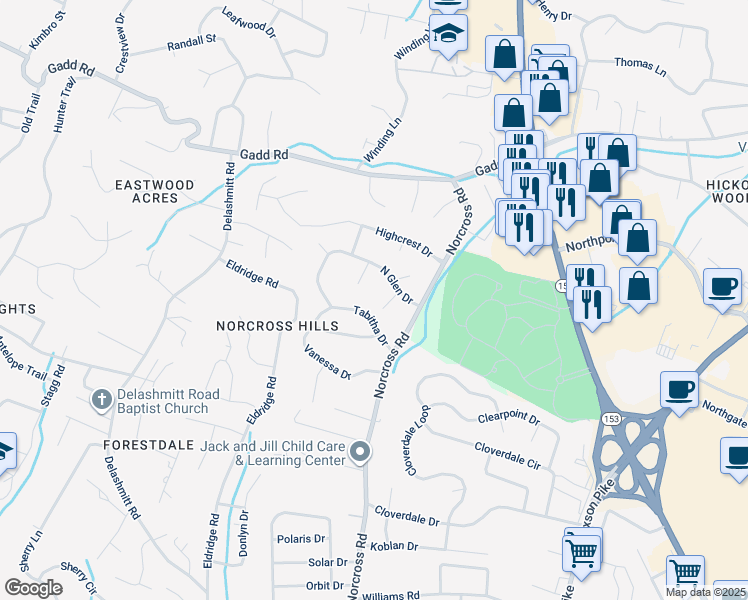 map of restaurants, bars, coffee shops, grocery stores, and more near 4619 Forest Lane in Chattanooga