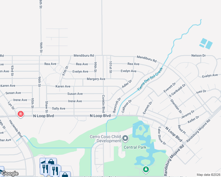 map of restaurants, bars, coffee shops, grocery stores, and more near 10020 Karen Avenue in California City