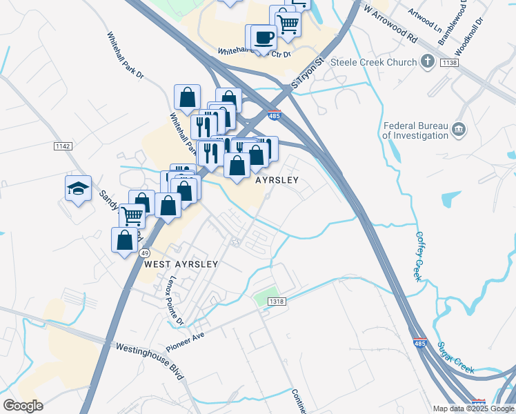 map of restaurants, bars, coffee shops, grocery stores, and more near 9336 Kings Parade Boulevard in Charlotte