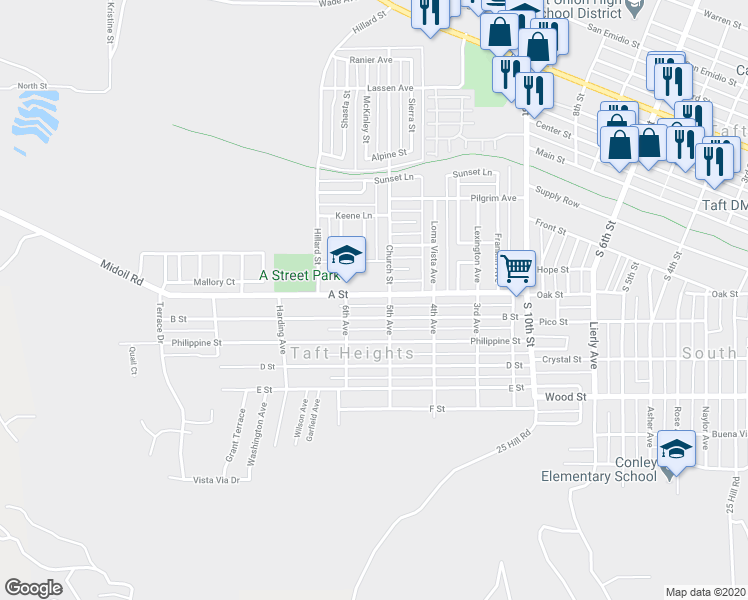 map of restaurants, bars, coffee shops, grocery stores, and more near 507 A Street in Taft