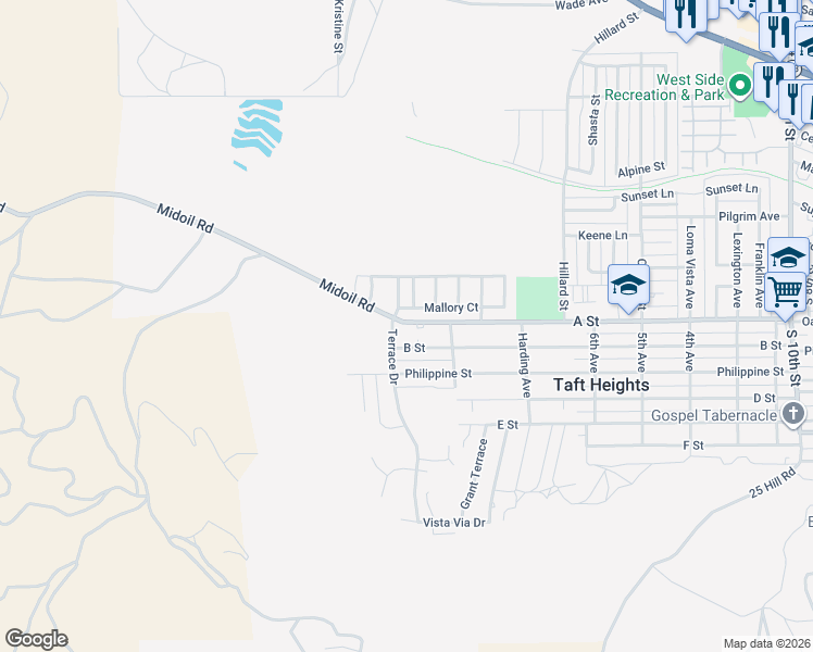 map of restaurants, bars, coffee shops, grocery stores, and more near in Taft