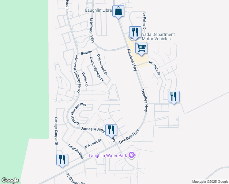 map of restaurants, bars, coffee shops, grocery stores, and more near 2020 Mesquite Lane in Laughlin
