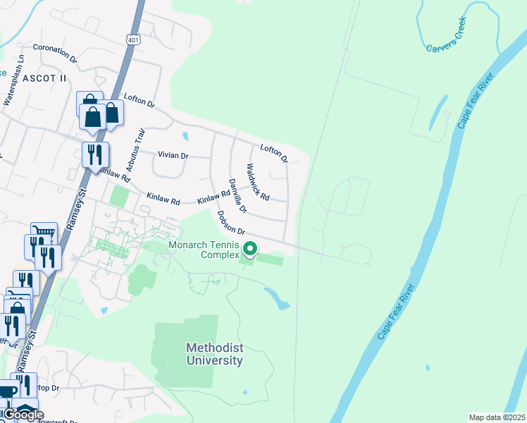 map of restaurants, bars, coffee shops, grocery stores, and more near 5716 Danville Drive in Fayetteville