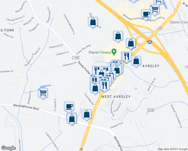 map of restaurants, bars, coffee shops, grocery stores, and more near 2500 Sandy Porter Road in Charlotte