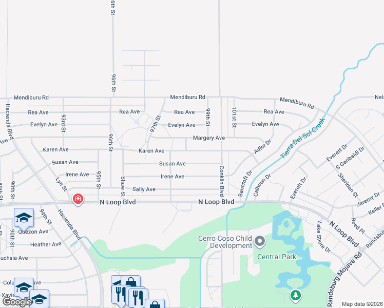 map of restaurants, bars, coffee shops, grocery stores, and more near 9848 Karen Avenue in California City