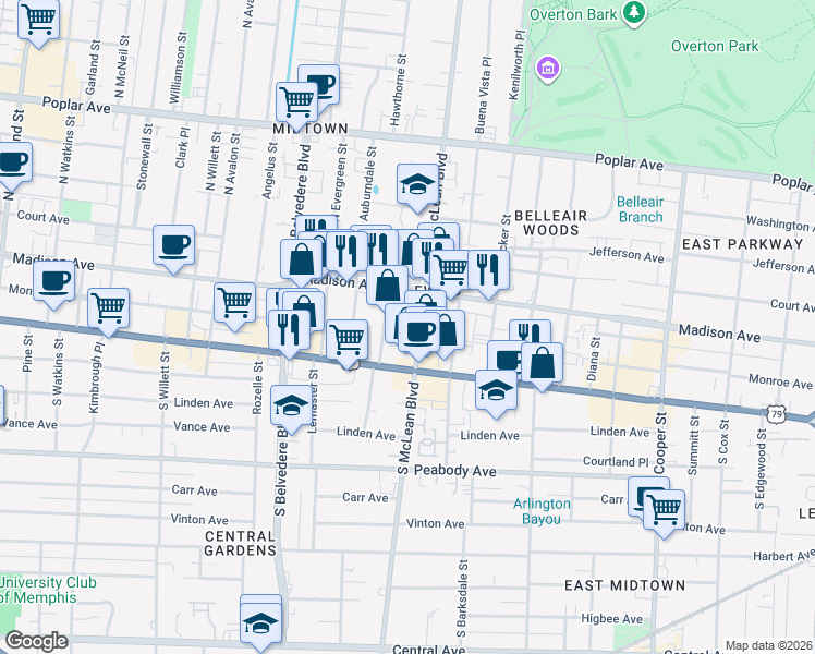 map of restaurants, bars, coffee shops, grocery stores, and more near 42 South McLean Boulevard in Memphis