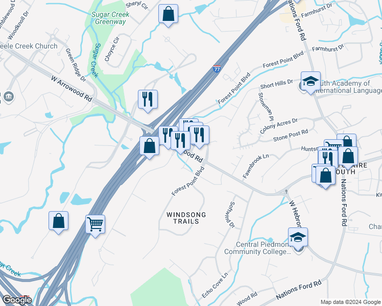 map of restaurants, bars, coffee shops, grocery stores, and more near State Road 1138 in Charlotte