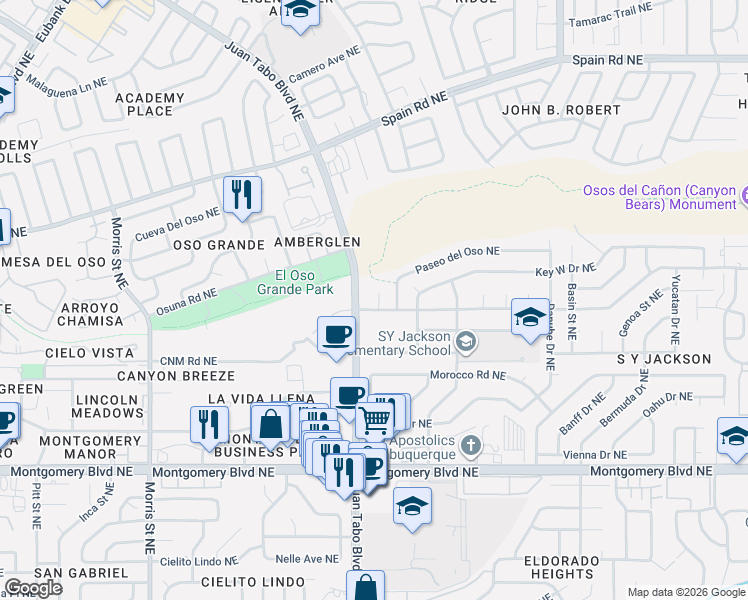 map of restaurants, bars, coffee shops, grocery stores, and more near 4801 Manitoba Court Northeast in Albuquerque