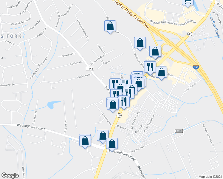 map of restaurants, bars, coffee shops, grocery stores, and more near 2500 Sandy Porter Road in Charlotte