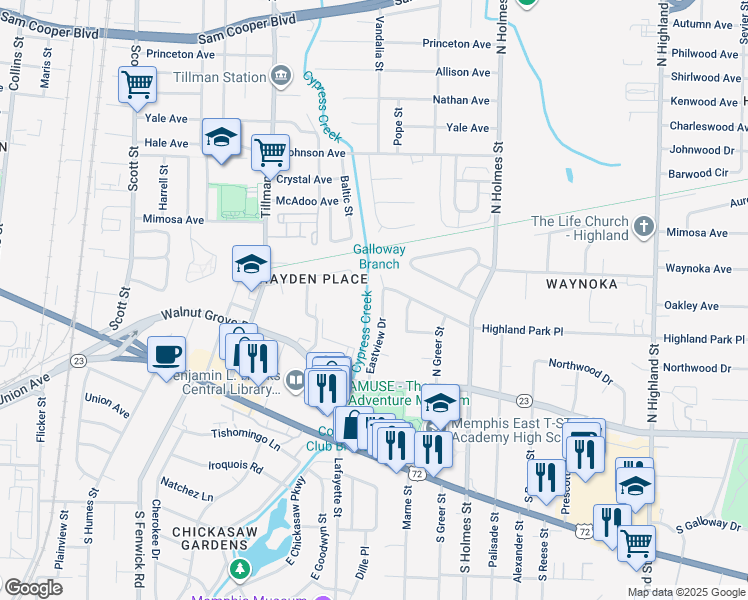 map of restaurants, bars, coffee shops, grocery stores, and more near 148 Eastview Drive in Memphis
