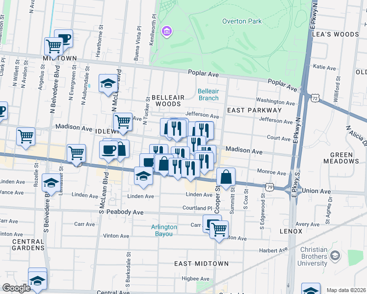 map of restaurants, bars, coffee shops, grocery stores, and more near 30 South Morrison Street in Memphis