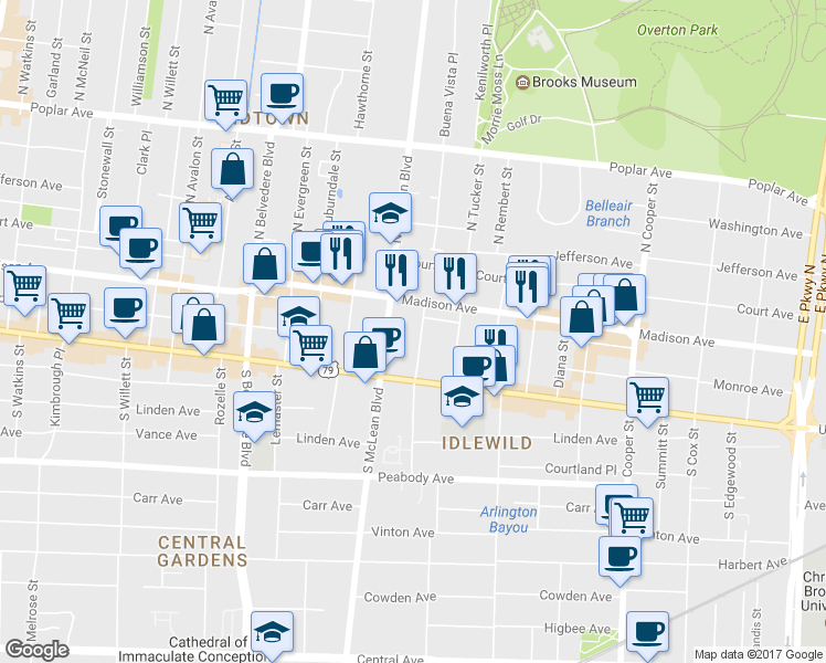 map of restaurants, bars, coffee shops, grocery stores, and more near 44 South Barksdale Street in Memphis