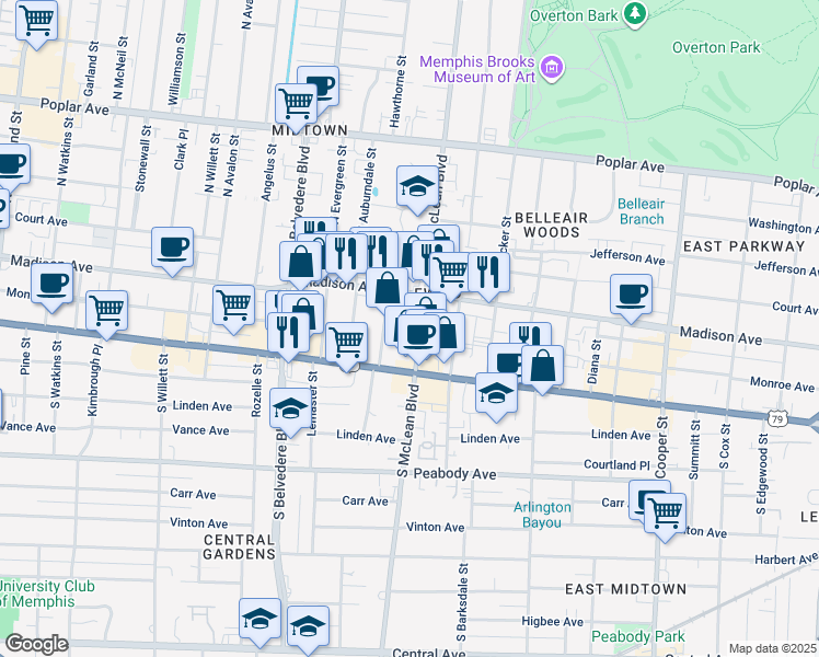 map of restaurants, bars, coffee shops, grocery stores, and more near 42 South McLean Boulevard in Memphis
