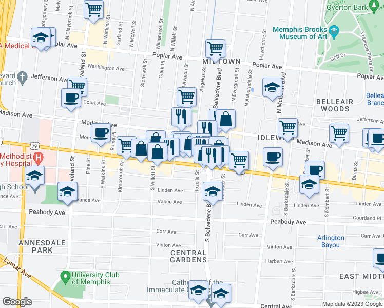map of restaurants, bars, coffee shops, grocery stores, and more near 1680 Union Avenue in Memphis