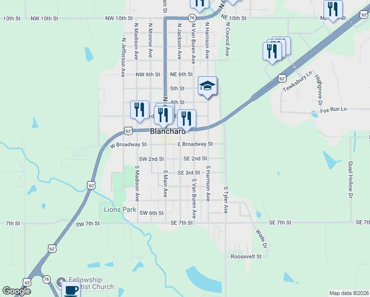 map of restaurants, bars, coffee shops, grocery stores, and more near 112 South Van Buren Avenue in Blanchard